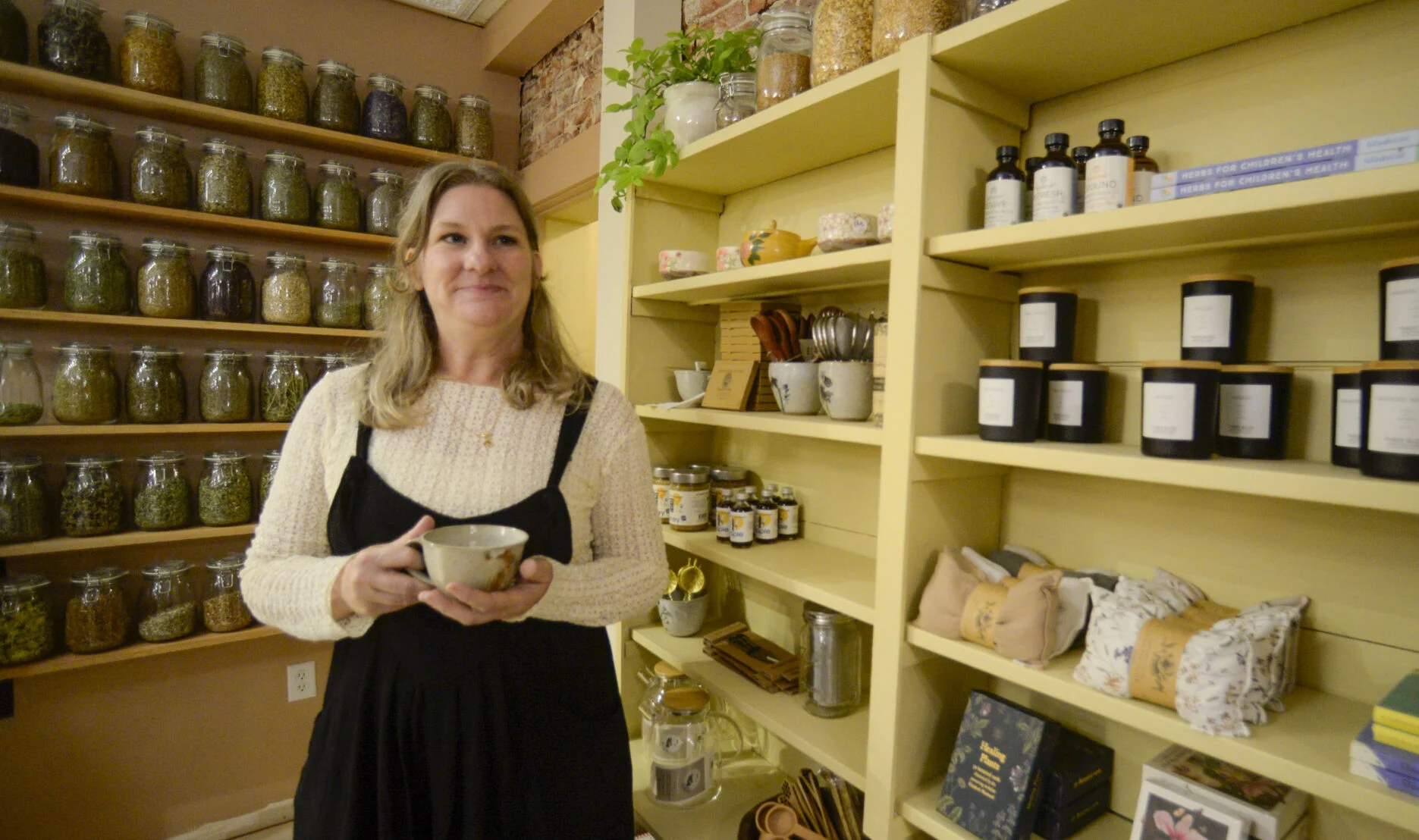 Natalie Dewhirst, owner of The Humble Mug, a tea shop located on Main Street in Brattleboro. Kristopher Radder, Vermont Country Magazine.